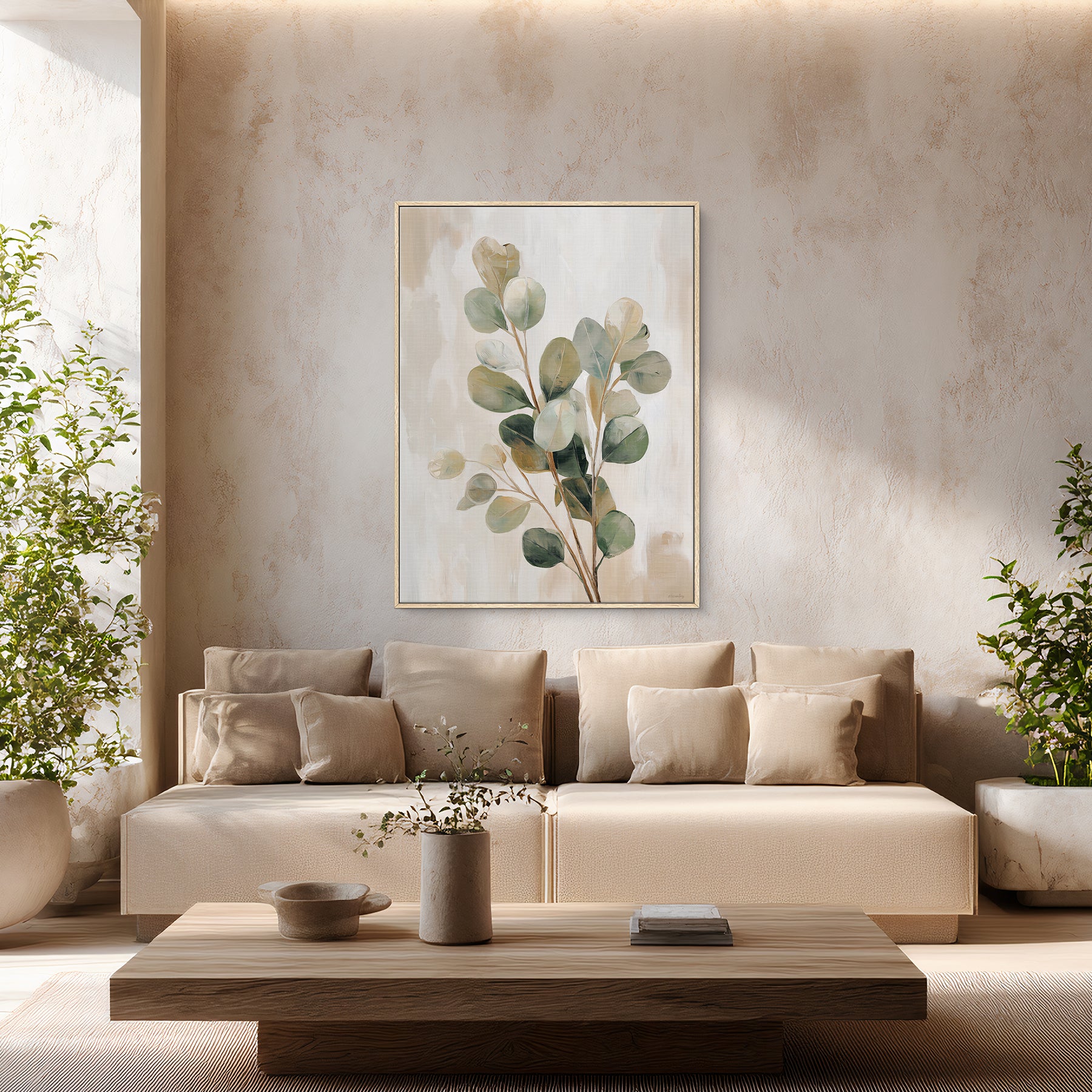 Framed botanical canvas wall art with eucalyptus leaves and soft neutral tones