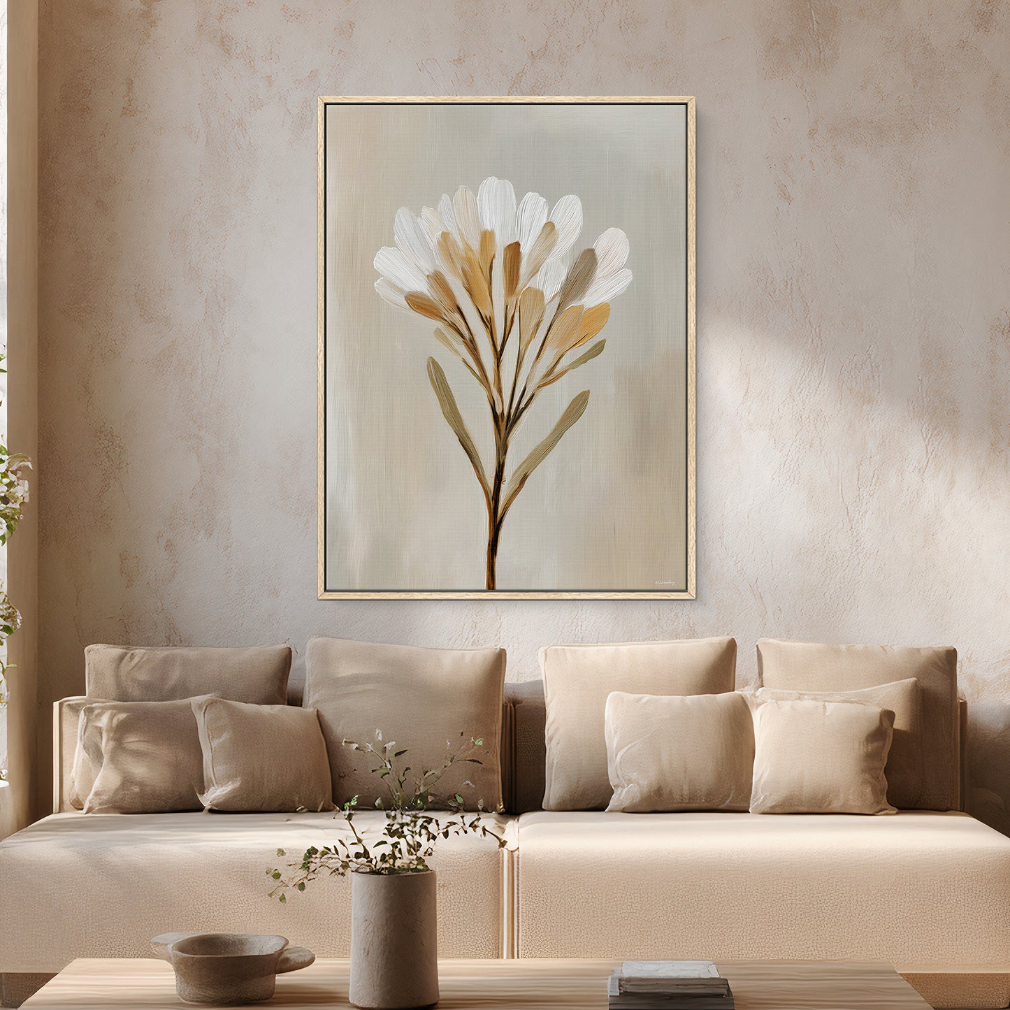Minimalist Floral Framed Canvas Wall Art – Golden Whisper