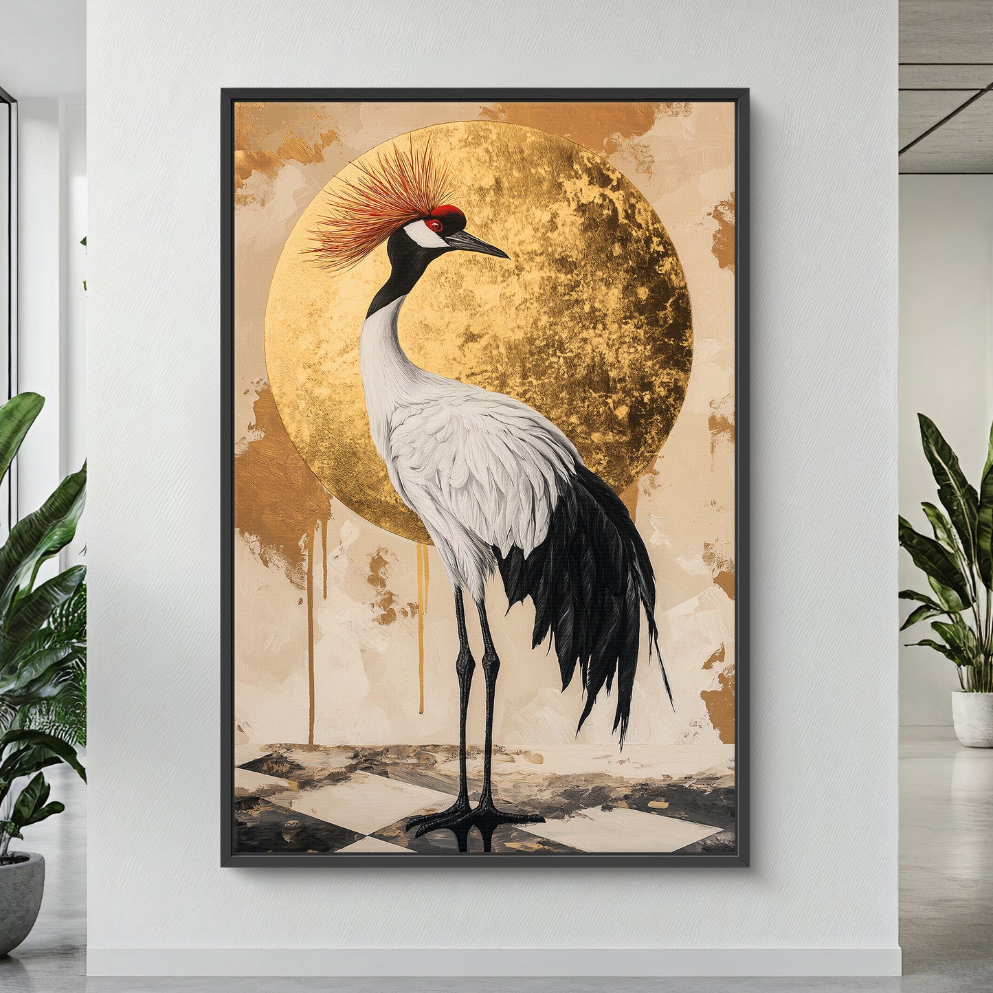 Asian Inspired Framed Canvas Print - "Celestial Crane"