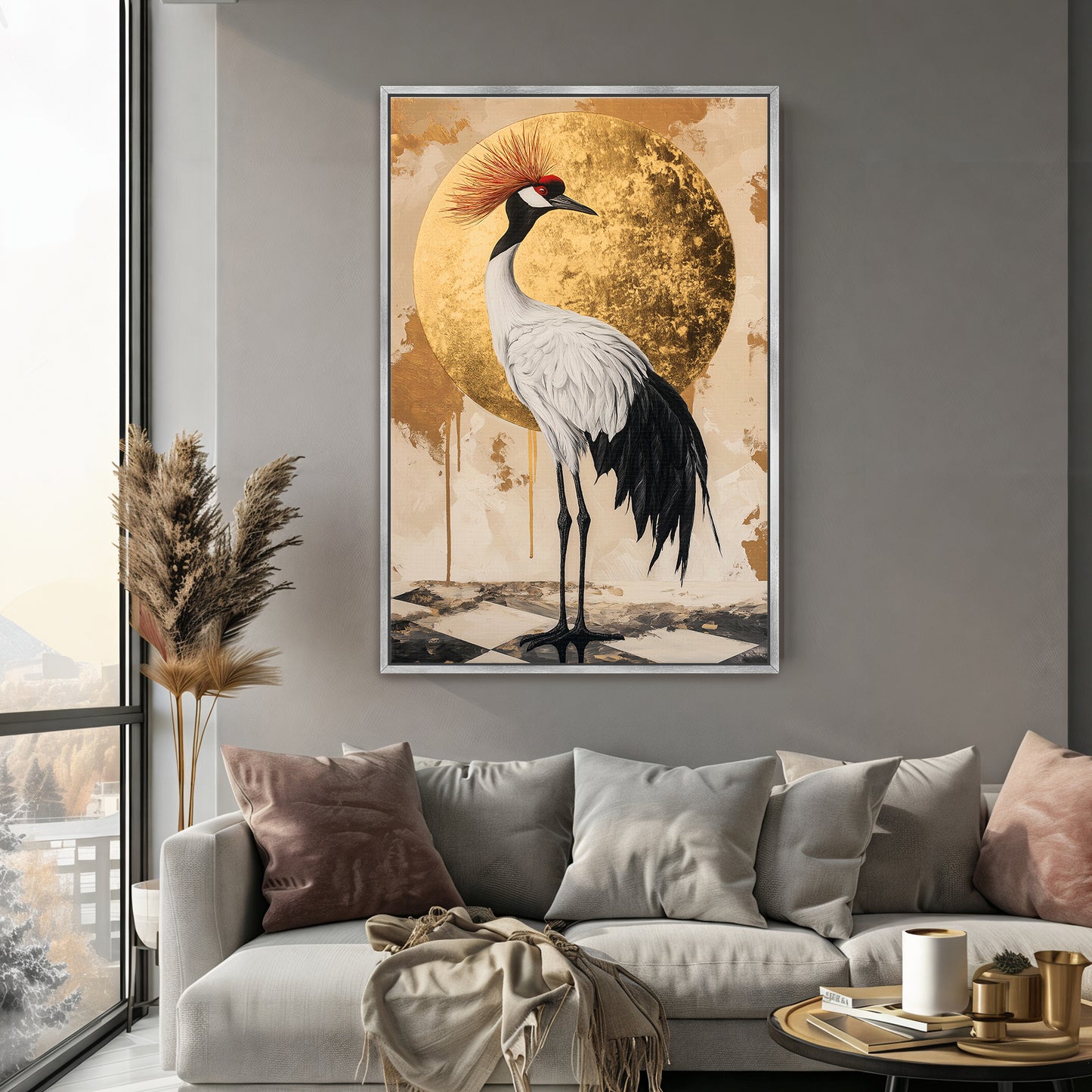 Asian Inspired Framed Canvas Print - "Celestial Crane"