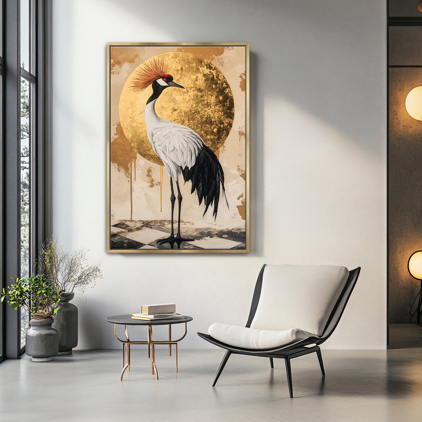 Asian Inspired Framed Canvas Print - "Celestial Crane"