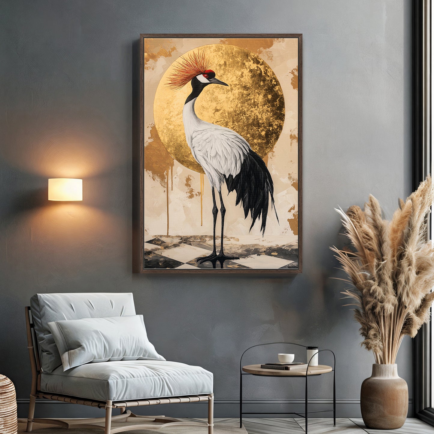 Asian Inspired Framed Canvas Print - "Celestial Crane"