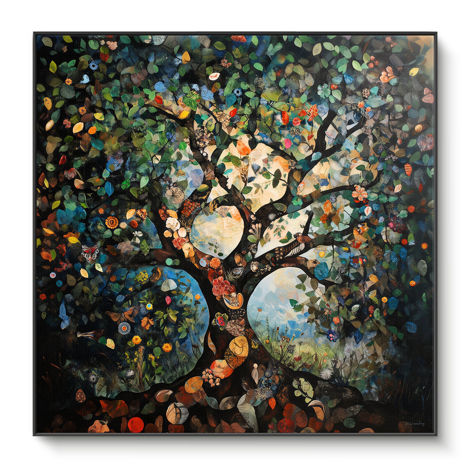 Tree of Life framed canvas print with multicoloured leaves, flowers and butterflies against dark branches and a glowing centre — vibrant nature wall art in a black floating frame