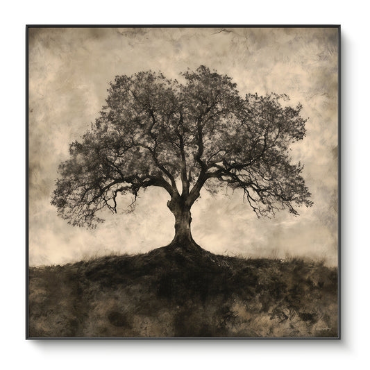 Framed canvas print of a solitary sepia-toned oak tree on a hillside with sprawling branches against a hazy sky — timeless vintage tree wall art in a black floating frame