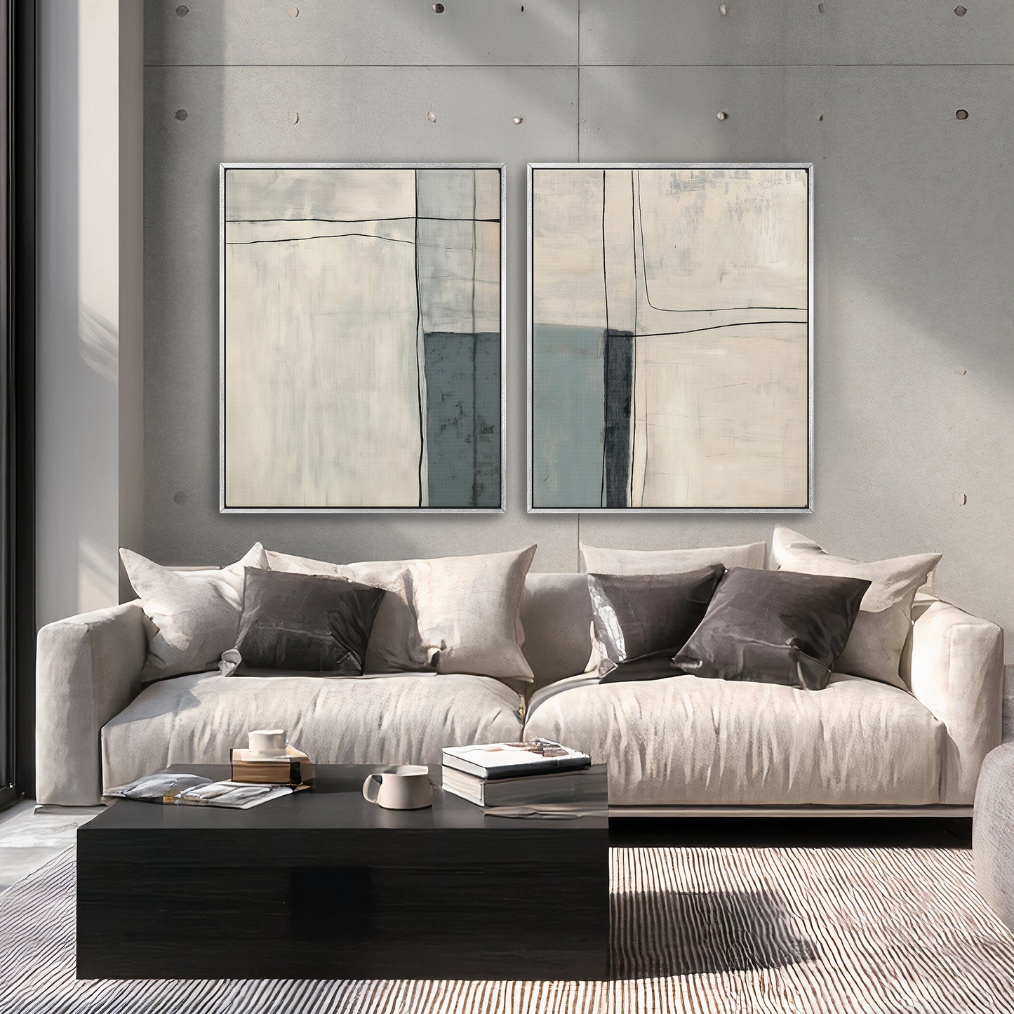 Neutral Abstract Canvas Wall Art Set of 2 Framed Canvas – Quiet Intersection