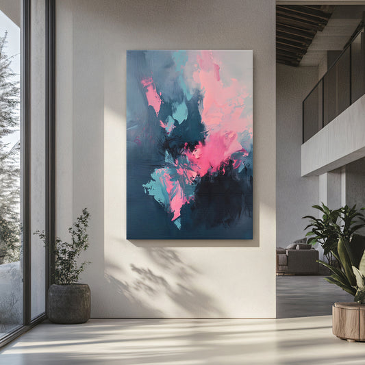 Modern Abstract Stretched Canvas – “Electric Bloom” in Pink and Blue