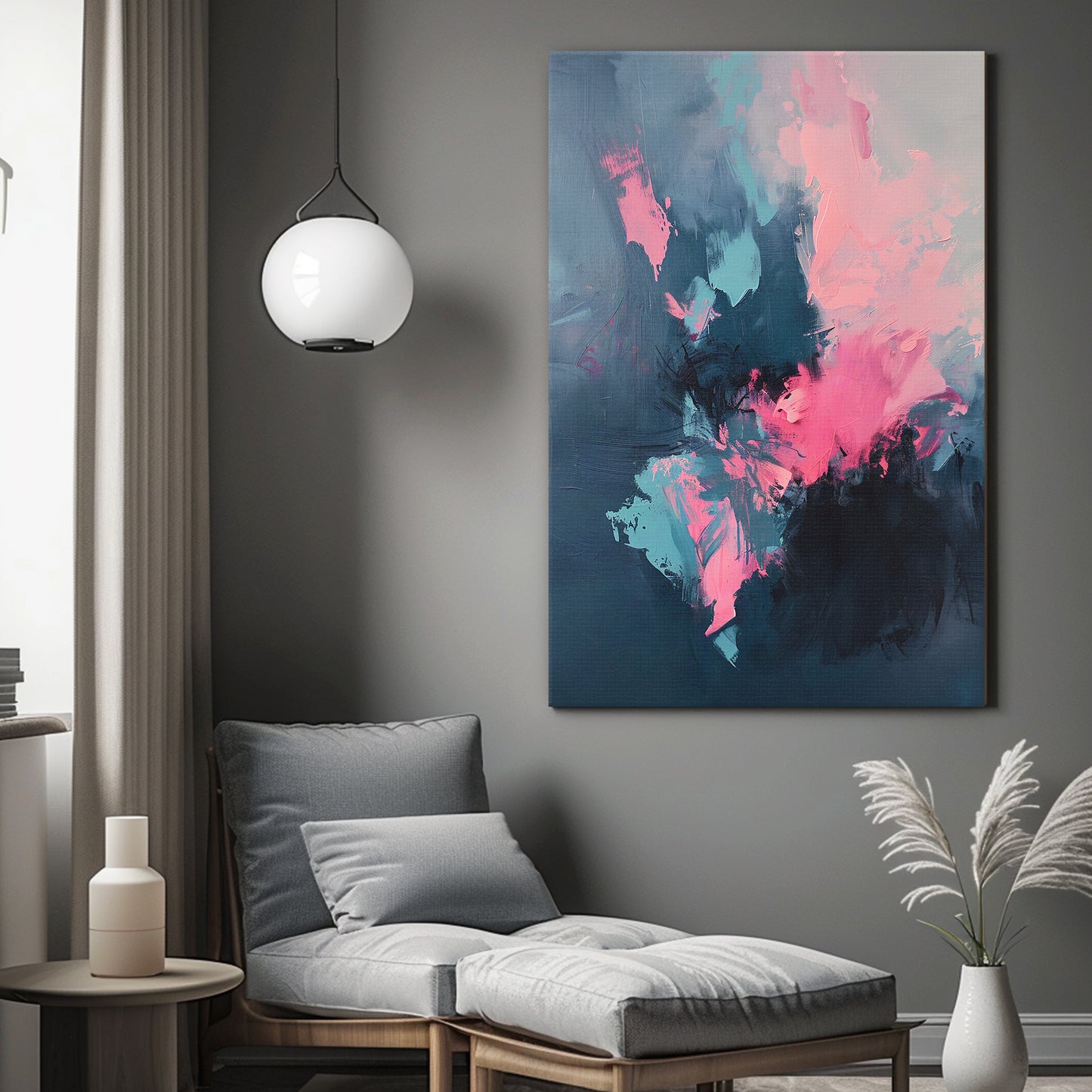 Modern Abstract Stretched Canvas – “Electric Bloom” in Pink and Blue