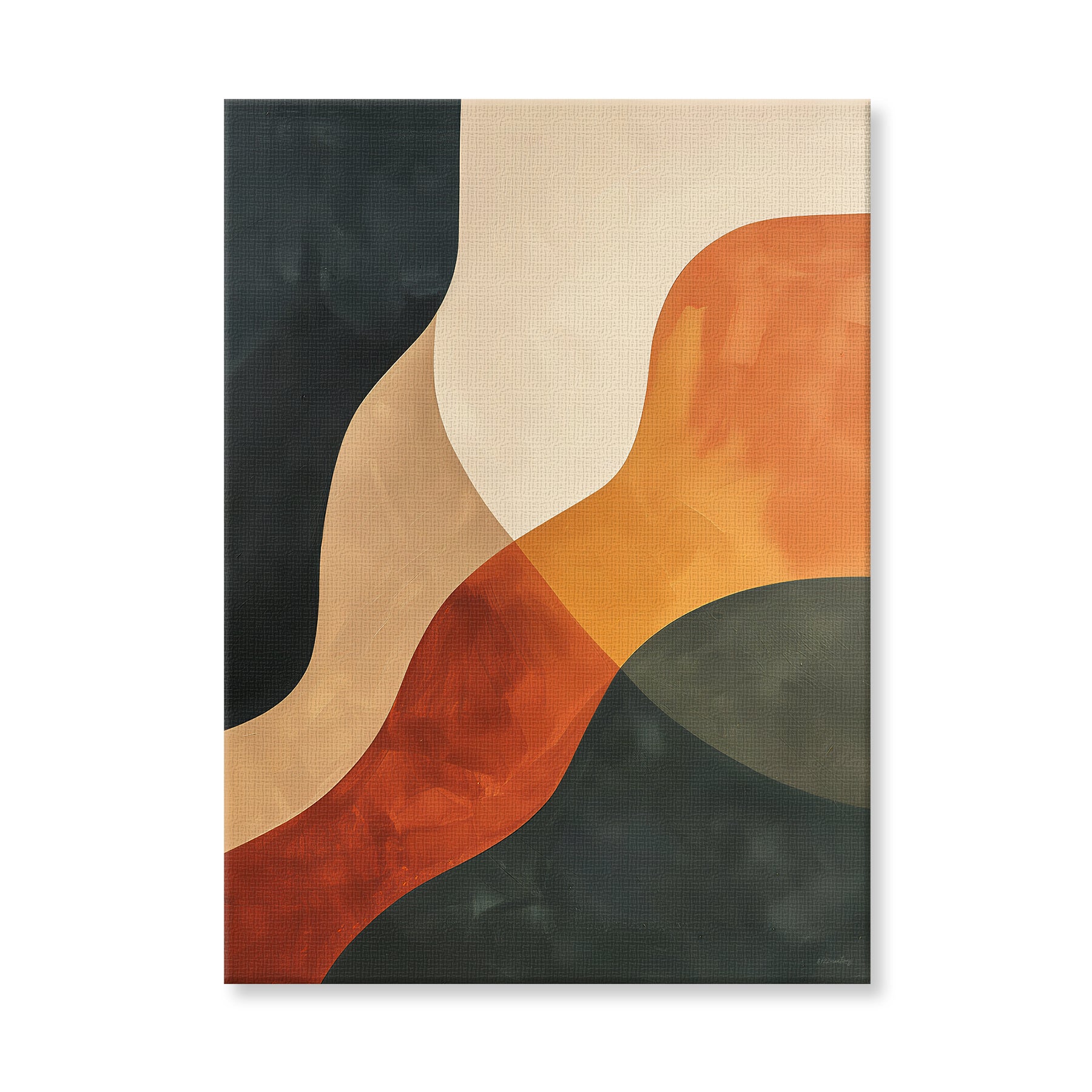 Abstract rolled canvas print with sweeping diagonal bands in burnt sienna, warm orange, olive green and slate — bold earthy wall art