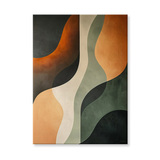 Abstract rolled canvas print with vertical sage and cream curves flanked by burnt orange and rust — bold earthy wall art