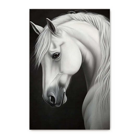 Rolled canvas print of a luminous white horse portrait with flowing mane against a deep black background — dramatic black and white equine wall art