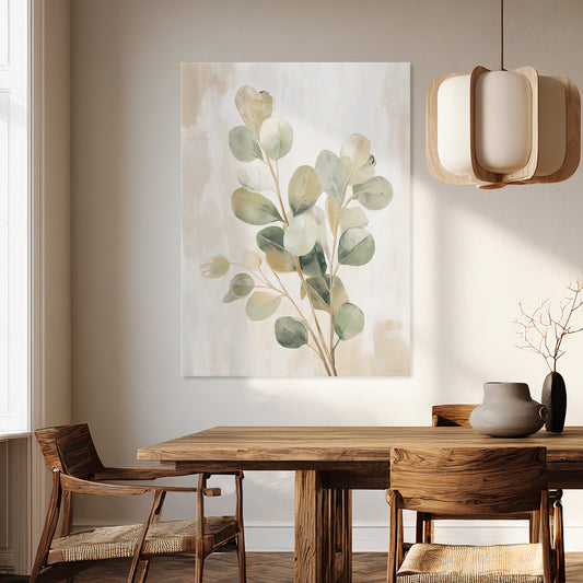 Botanical canvas wall art with eucalyptus leaves and soft neutral background