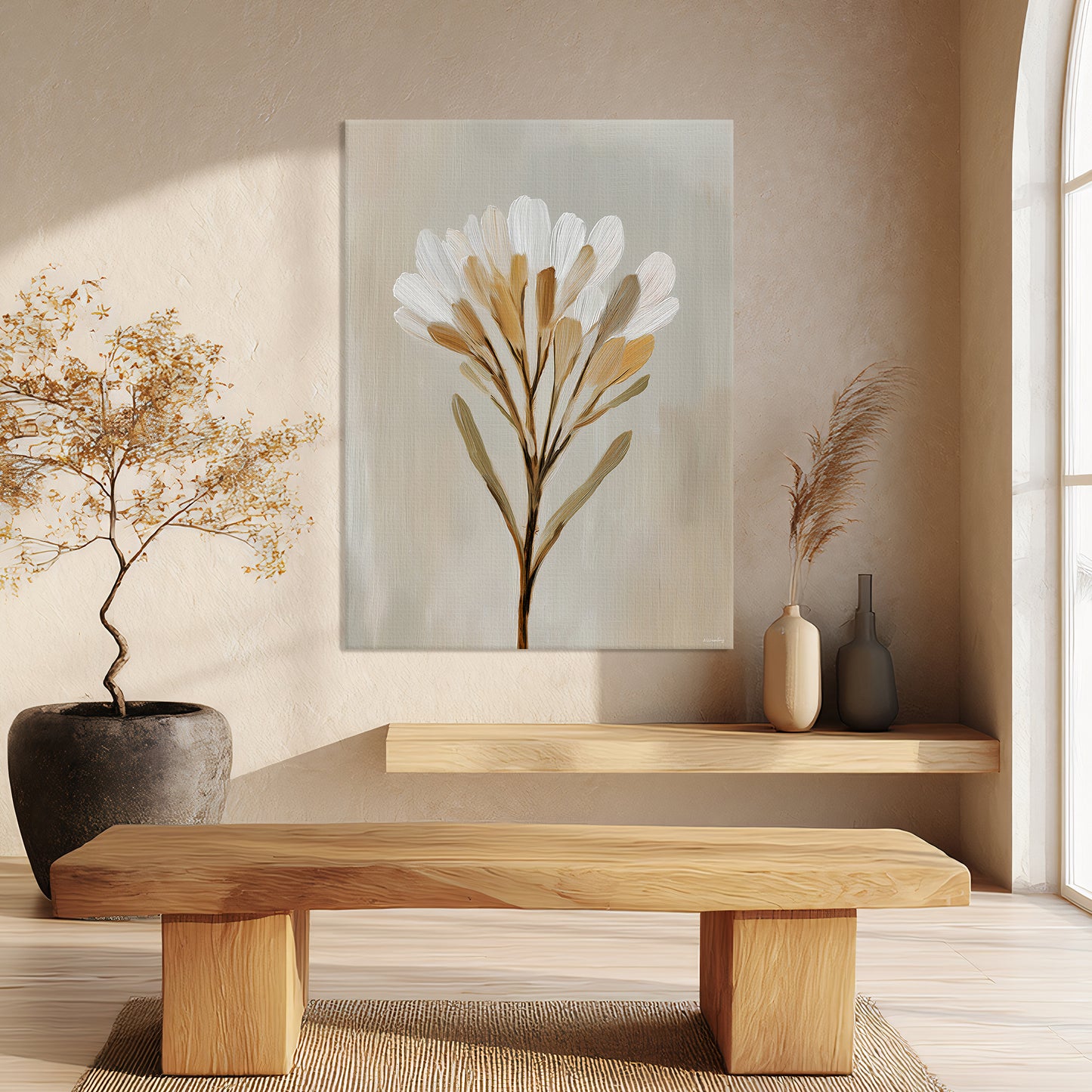 Minimalist Floral Rolled Canvas Wall Art – Golden Whisper