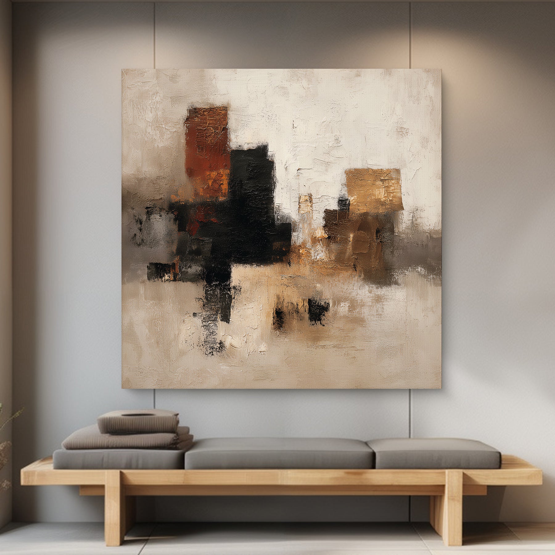 Stretched abstract canvas wall art with neutral tones and textured geometric shapes for modern interiors