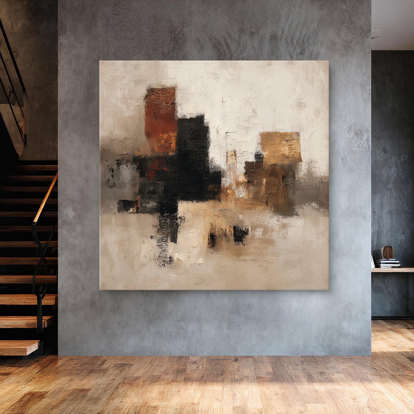 Abstract neutral canvas wall art with textured beige, black, and brown geometric forms for modern décor