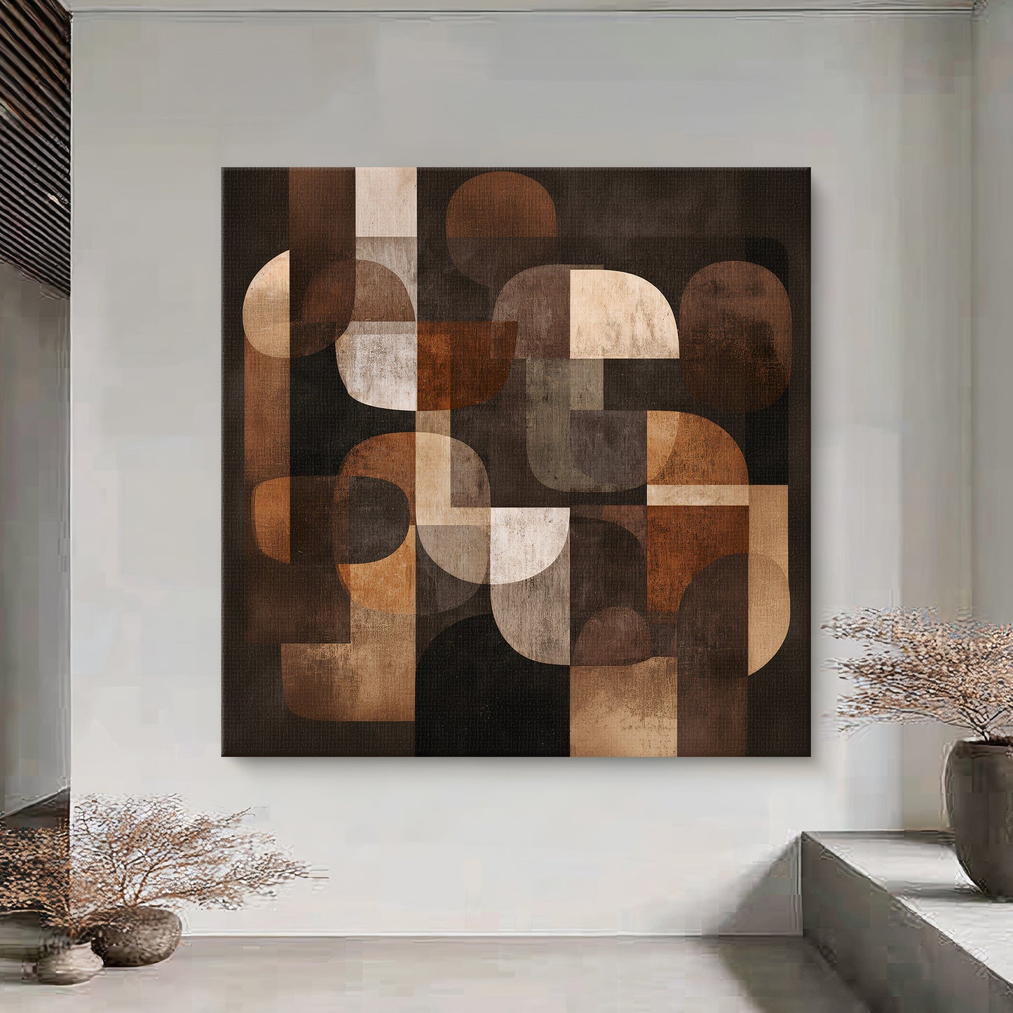 Geometric abstract canvas wall art featuring layered curved shapes in brown and beige tones