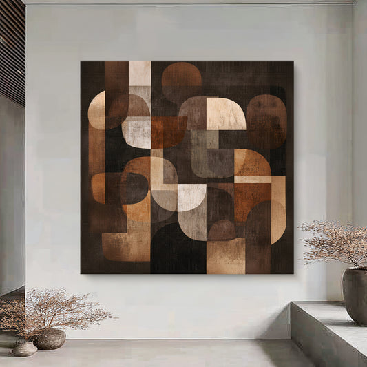Geometric abstract canvas wall art featuring layered curved shapes in brown and beige tones