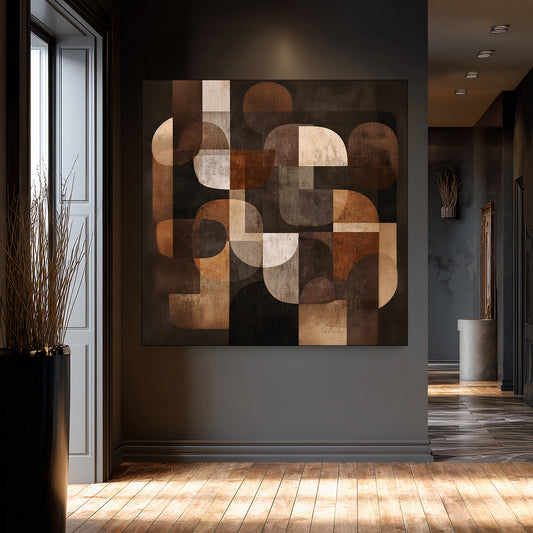 Stretched geometric abstract canvas wall art with warm brown and beige curved shapes