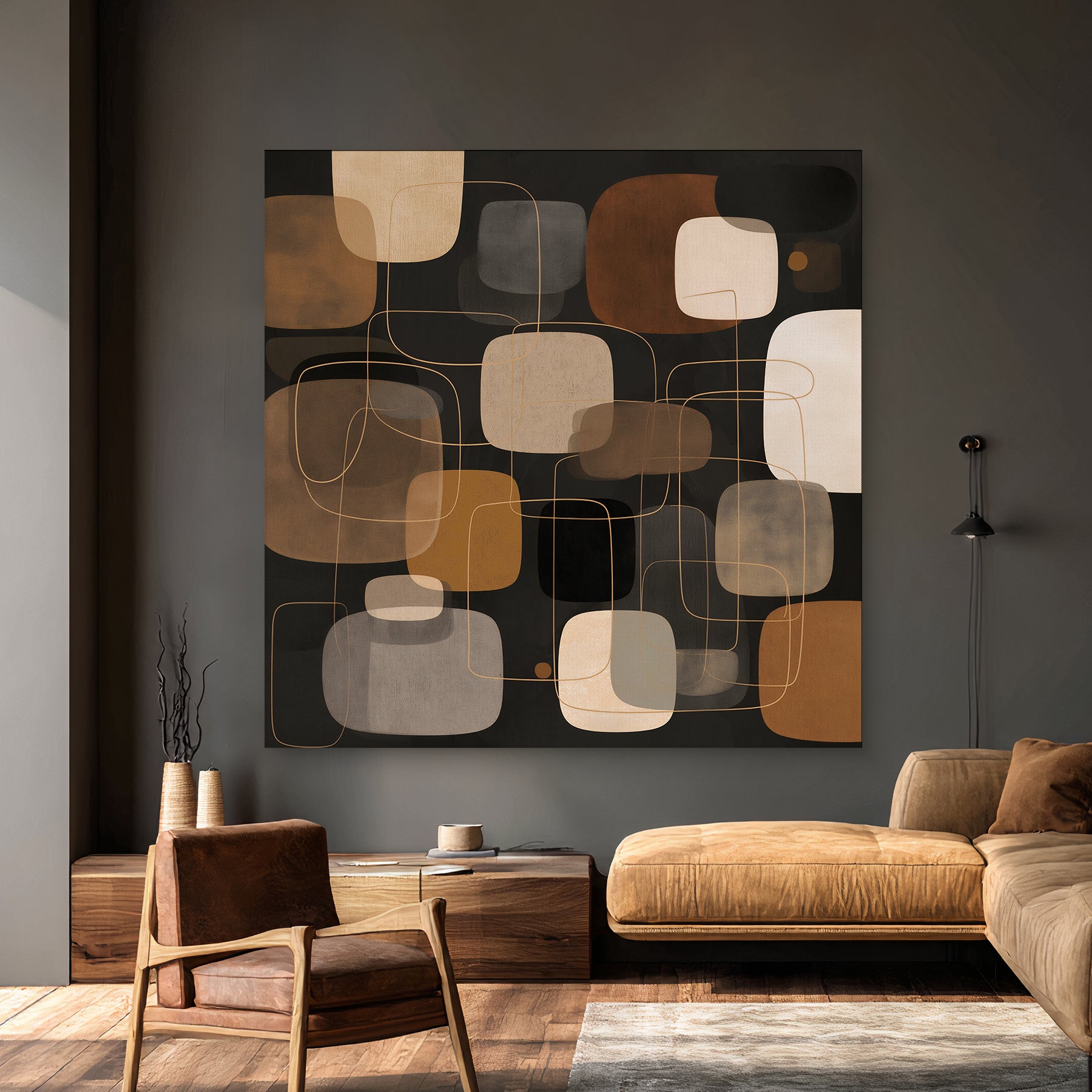 Mid century modern abstract wall art featuring rounded geometric shapes in caramel, ivory, taupe, and charcoal tones.