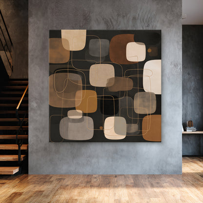 Mid century modern abstract wall art featuring rounded geometric shapes in caramel, ivory, taupe, and charcoal tones.