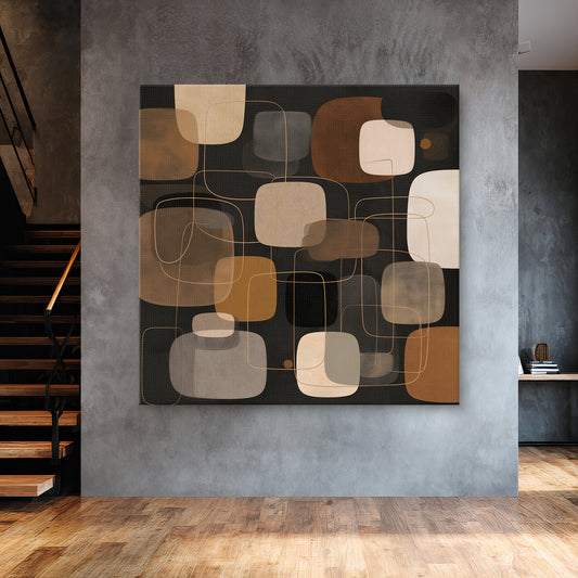 Mid century modern abstract wall art featuring rounded geometric shapes in caramel, ivory, taupe, and charcoal tones.