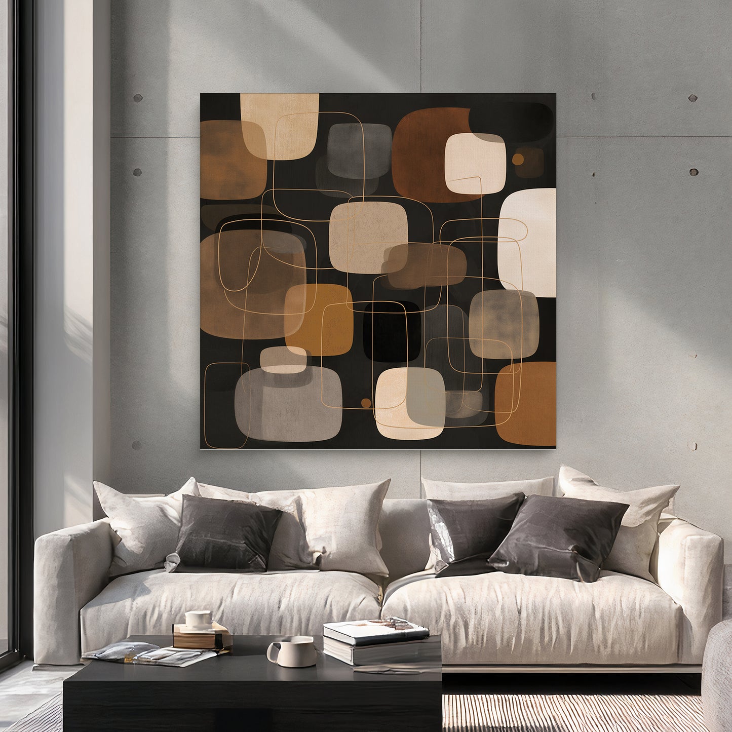 Mid century modern abstract wall art featuring rounded geometric shapes in caramel, ivory, taupe, and charcoal tones.
