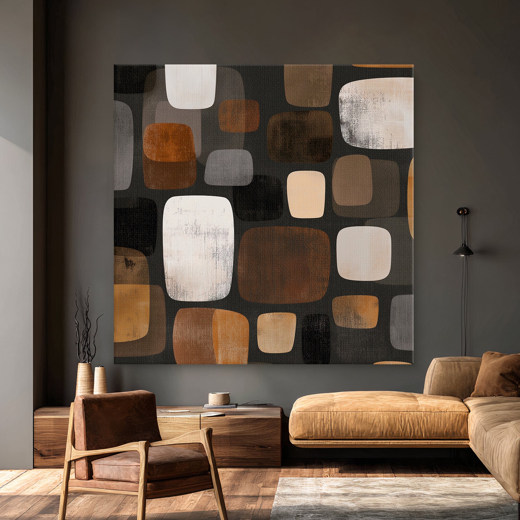 Gallery-wrapped stretched canvas with rounded shapes in rust, amber, cream and charcoal — mid-century modern mosaic wall art ready to hang