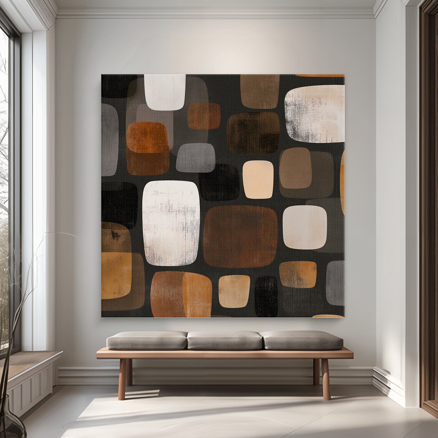 Abstract rolled canvas print with rounded shapes in rust, amber, cream and charcoal — mid-century modern mosaic wall art