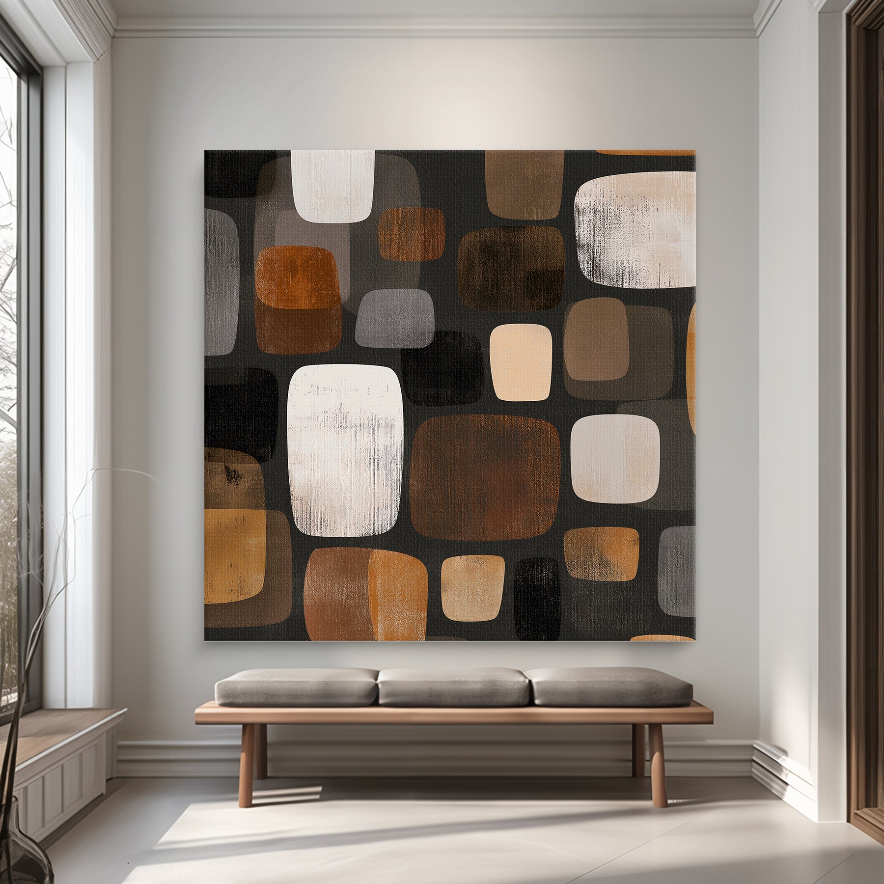 Abstract rolled canvas print with rounded shapes in rust, amber, cream and charcoal — mid-century modern mosaic wall art