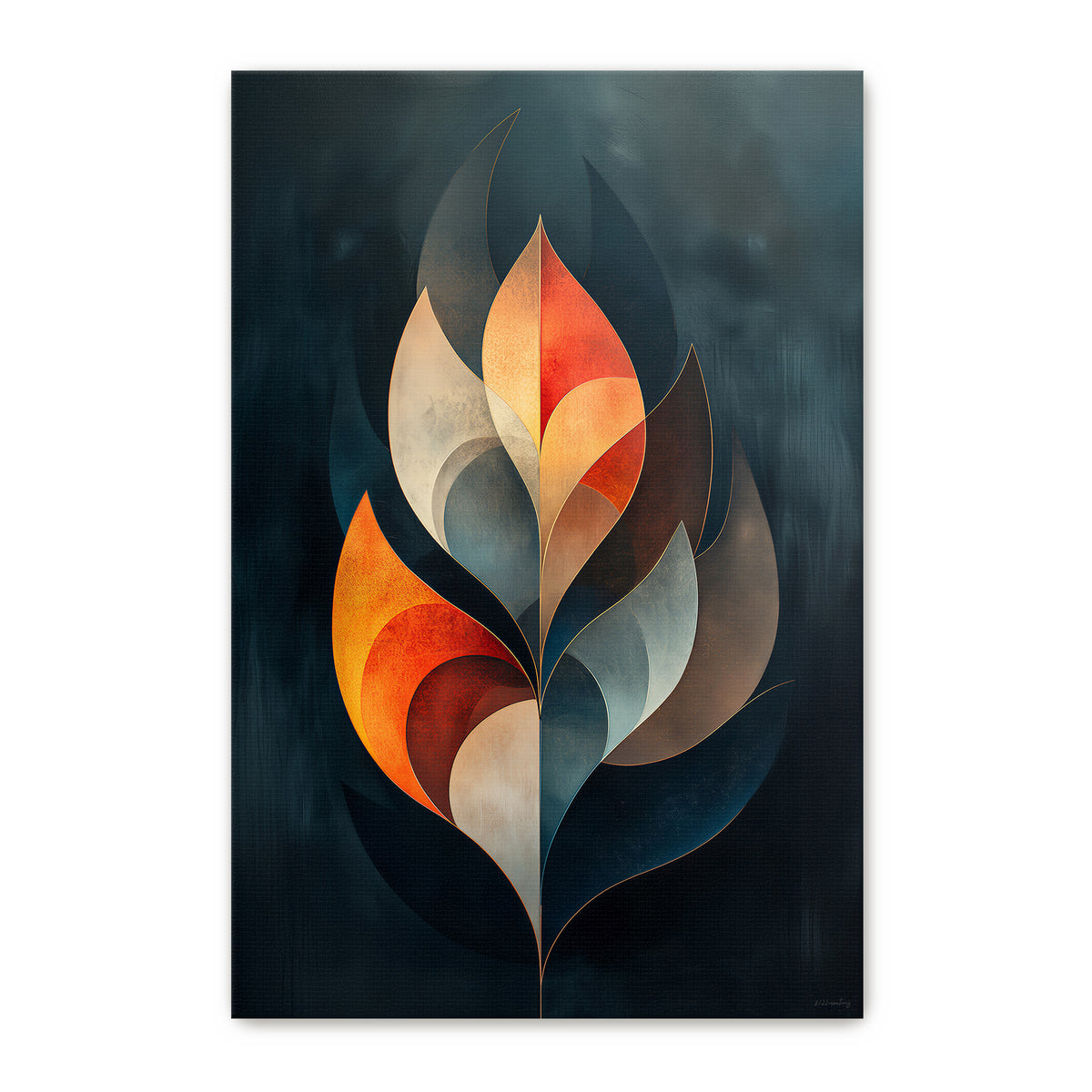 Gallery-wrapped stretched canvas of a symmetrical flame leaf form in warm orange and cool teal tones against a deep teal-black ground — jewel-toned botanical wall art ready to hang