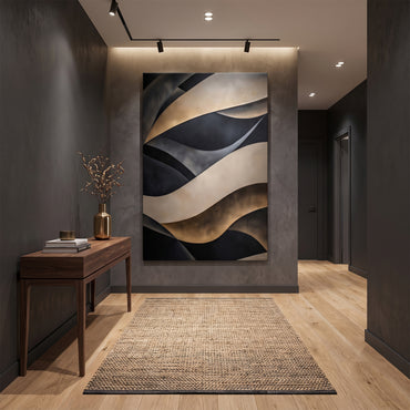 Gallery-wrapped stretched canvas with sweeping layered wave forms in champagne, warm gold and deep black — luxury sculptural wall art ready to hang