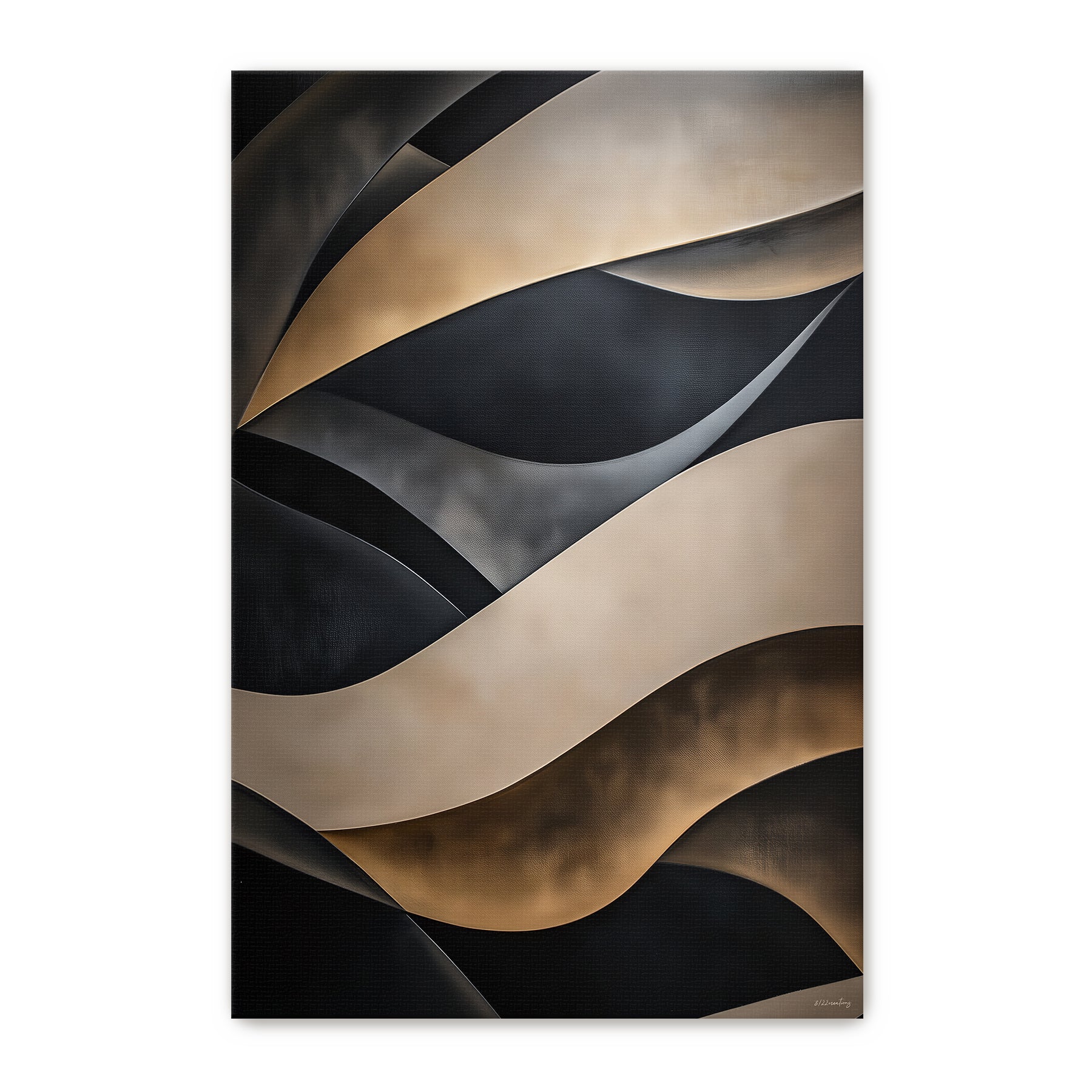 Abstract rolled canvas print with sweeping layered wave forms in champagne, warm gold and deep black — luxury sculptural wall art