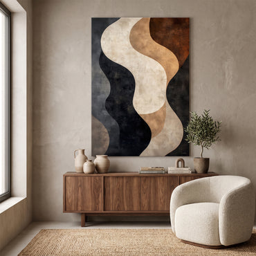 Gallery-wrapped stretched canvas with fluid cream and caramel wave forms against a deep charcoal ground — earthy organic modern wall art ready to hang