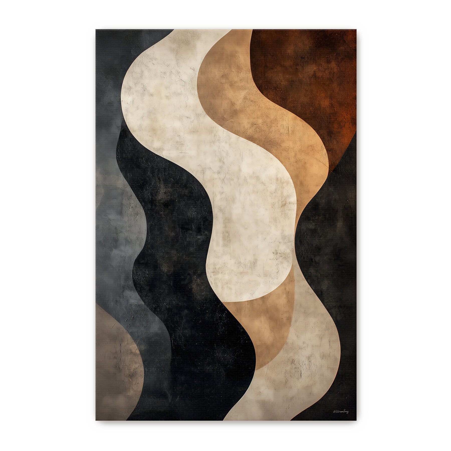 Abstract rolled canvas print with fluid cream and caramel wave forms against a deep charcoal ground — earthy organic modern wall art