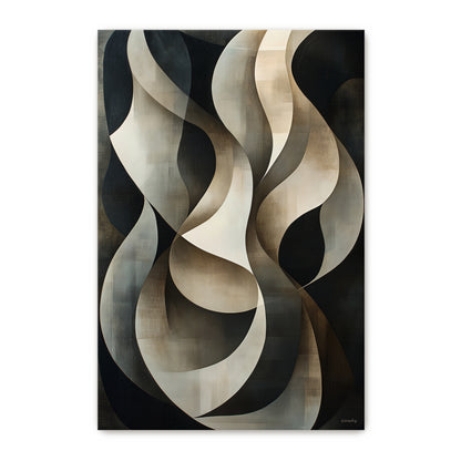 Gallery-wrapped stretched canvas with interlocking cream and slate grey ribbon forms against a deep charcoal black ground — luxury neutral wall art ready to hang