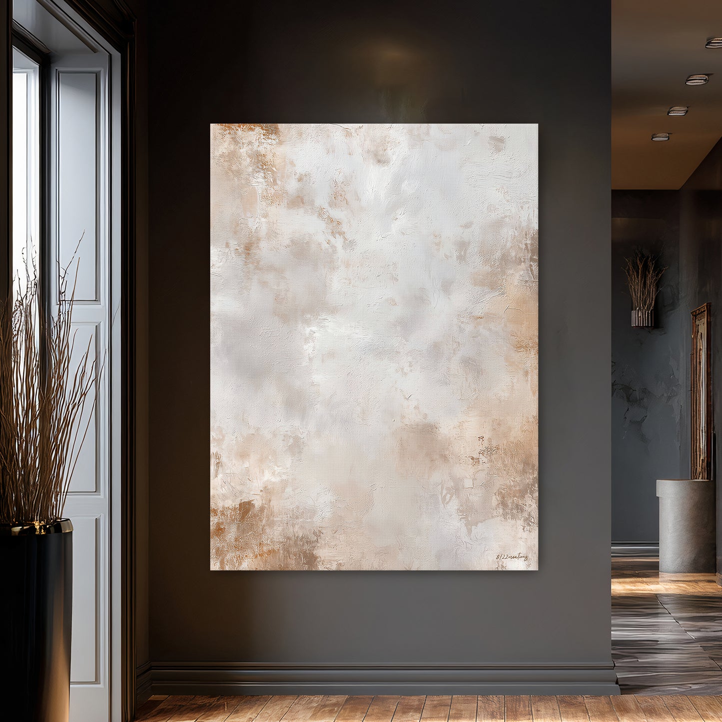 Gallery-wrapped stretched canvas with soft ivory and warm gold tones — luminous neutral wall art with textured painterly finish, ready to hang
