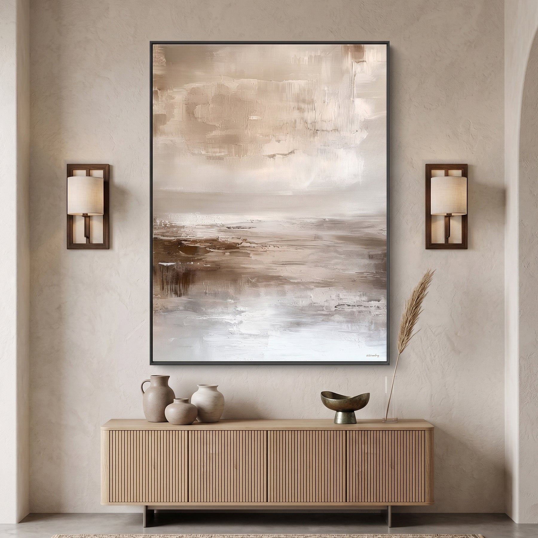 Framed canvas print with soft taupe sky, warm umber horizon and pale silver foreground — atmospheric neutral landscape wall art in a floating frame