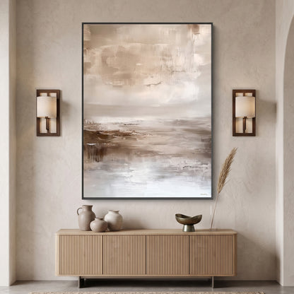 Framed canvas print with soft taupe sky, warm umber horizon and pale silver foreground — atmospheric neutral landscape wall art in a floating frame