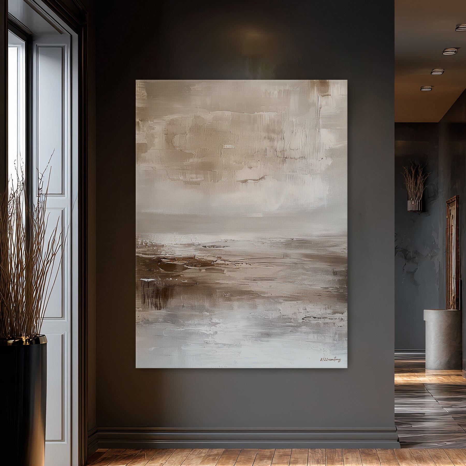 Gallery-wrapped stretched canvas with soft taupe sky, warm umber horizon and pale silver foreground — atmospheric neutral landscape wall art ready to hang
