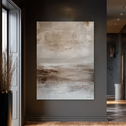 Gallery-wrapped stretched canvas with soft taupe sky, warm umber horizon and pale silver foreground — atmospheric neutral landscape wall art ready to hang