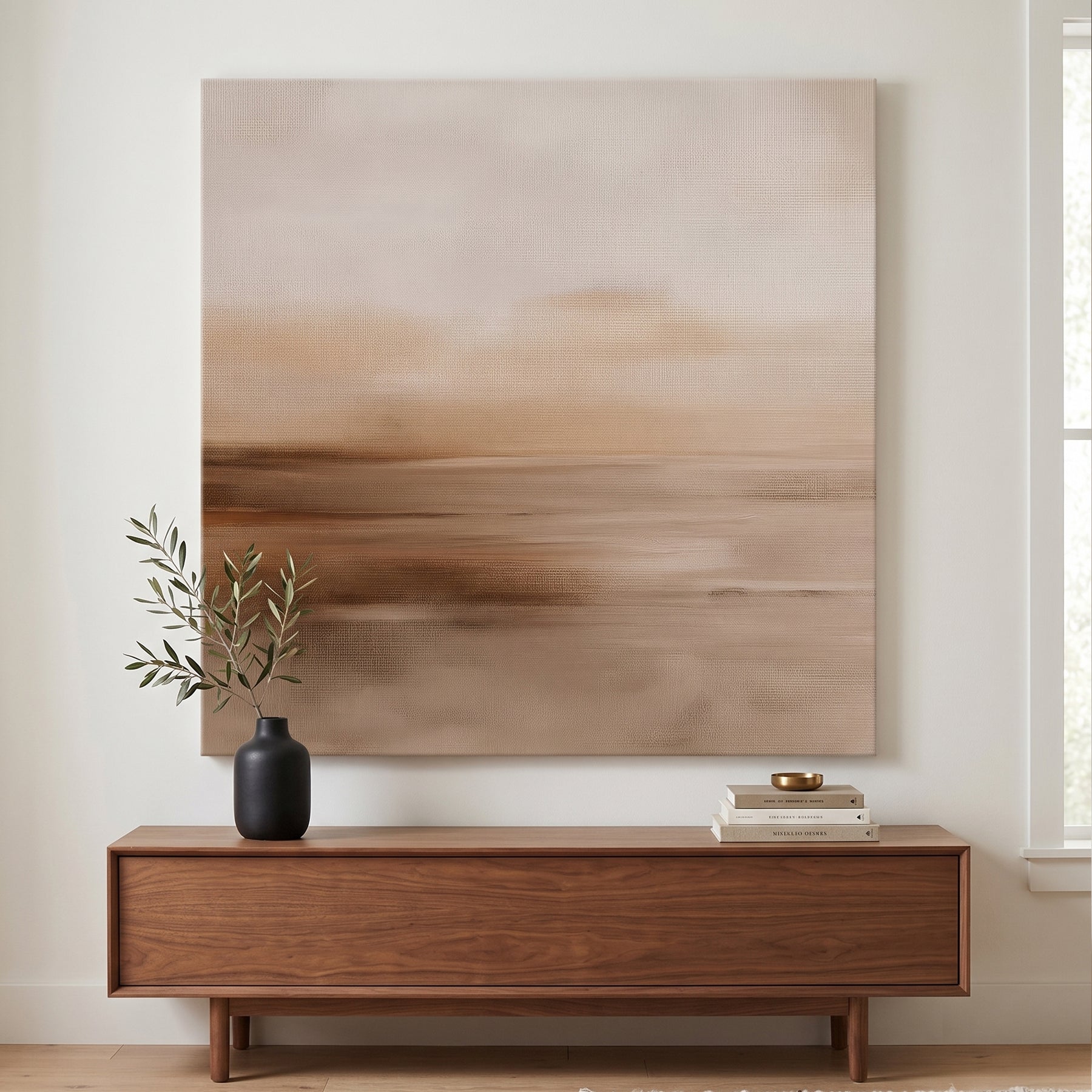 Abstract rolled canvas print with soft cream sky and warm sand tones — minimalist neutral landscape wall art with horizontal brushstrokes