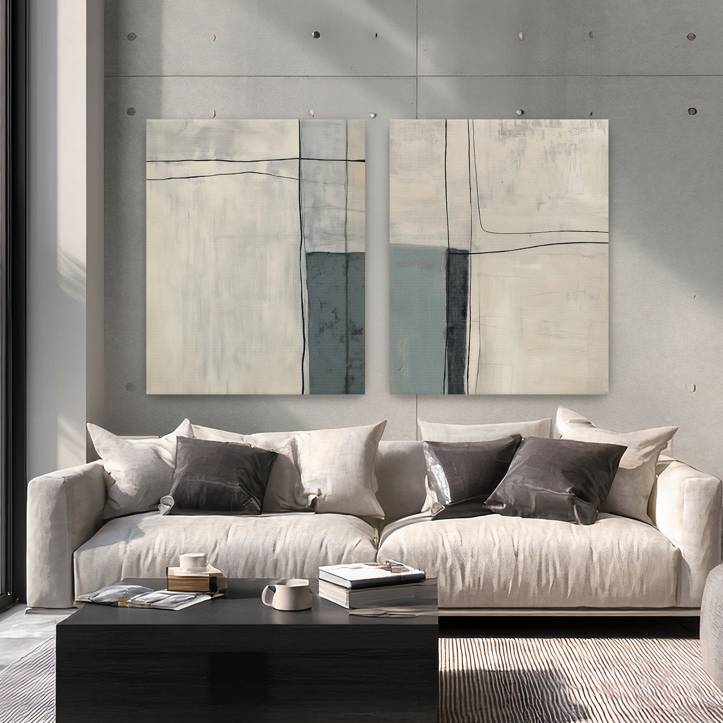 Neutral Abstract Canvas Wall Art Set of 2 Rolled Canvas – Quiet Intersection