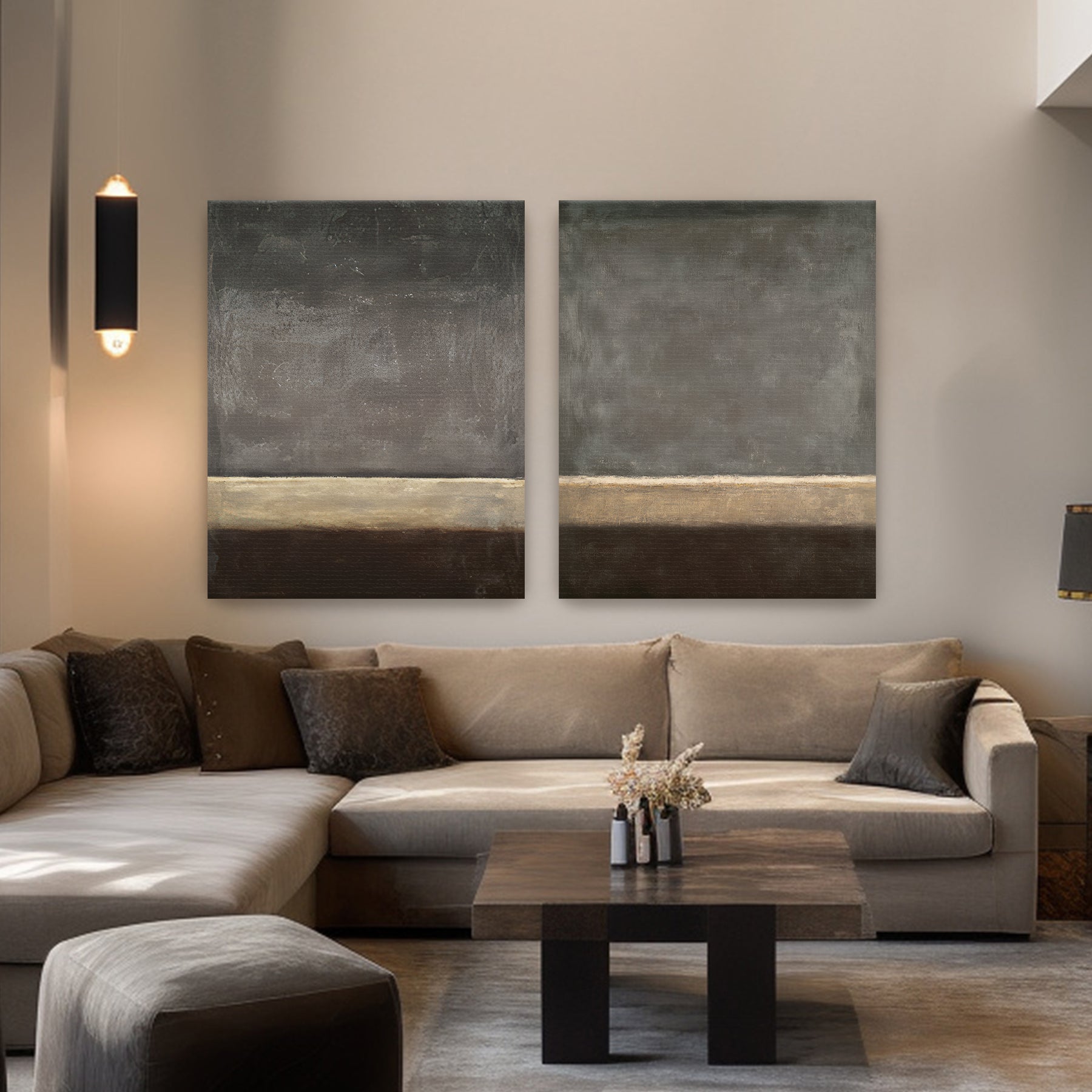 Abstract neutral wall art set of 2 rolled canvas with textured horizon lines in neutral tones