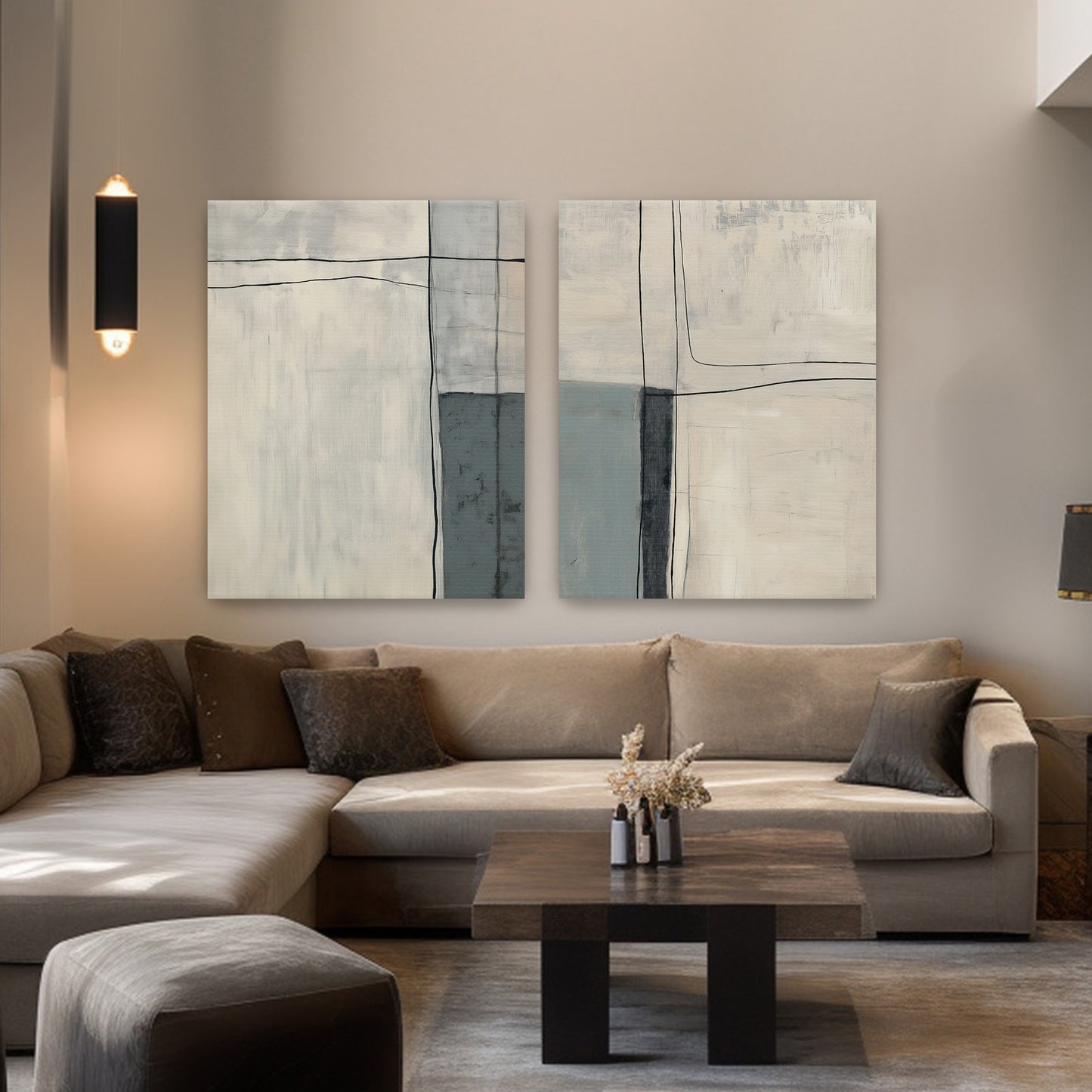 Neutral Abstract Canvas Wall Art Set of 2 Rolled Canvas – Quiet Intersection