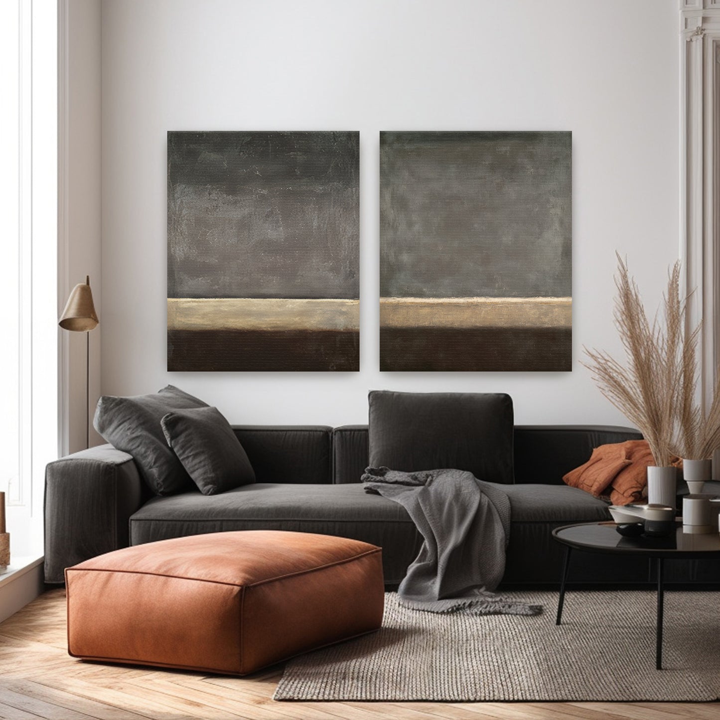 Abstract Neutral Wall Art Set Of 2 Rolled Canvas Print – Quiet Horizon