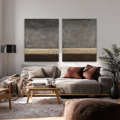 Abstract neutral wall art set of 2 stretched canvas with textured horizon in taupe charcoal and brown tones
