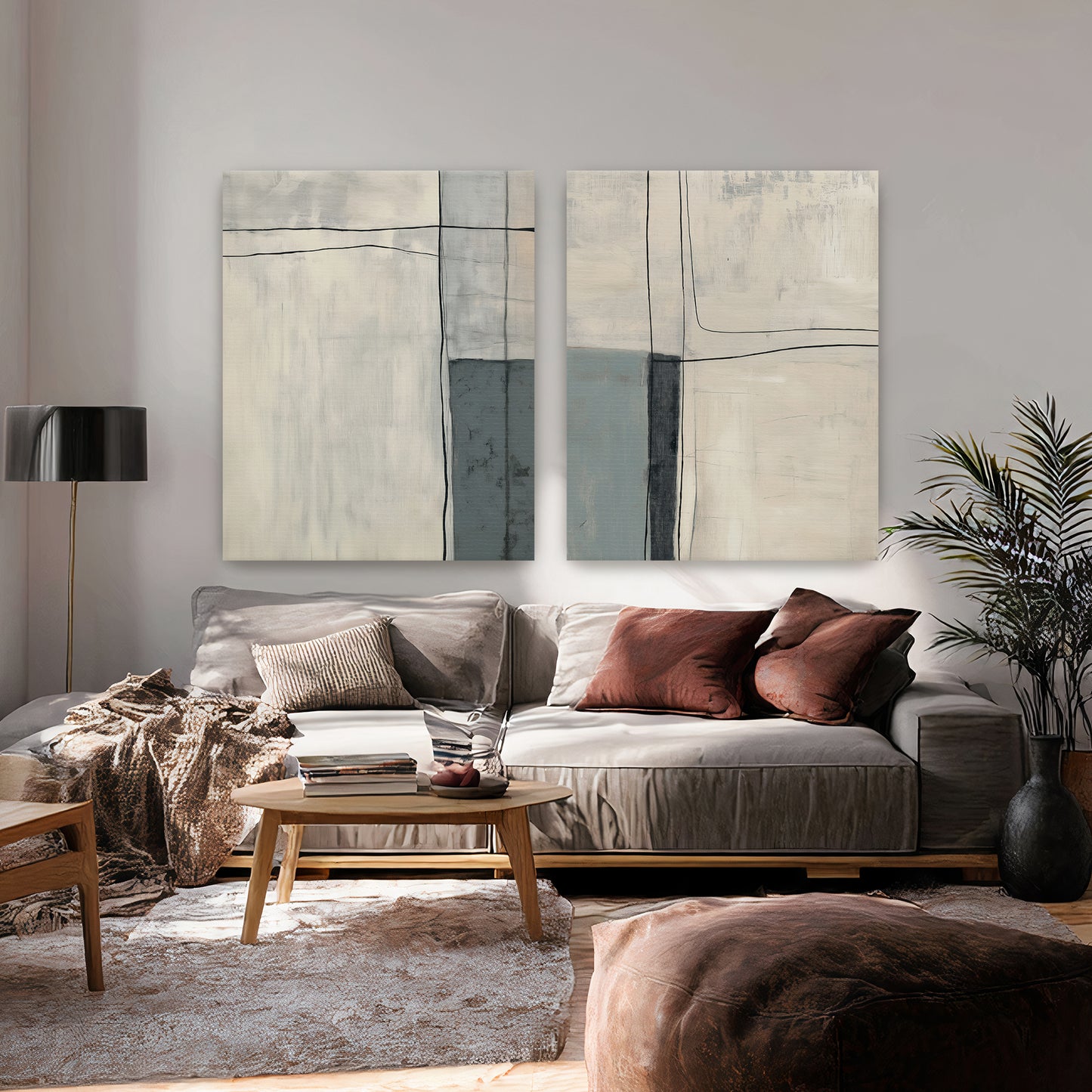 Neutral Abstract Canvas Wall Art Set of 2 Rolled Canvas – Quiet Intersection