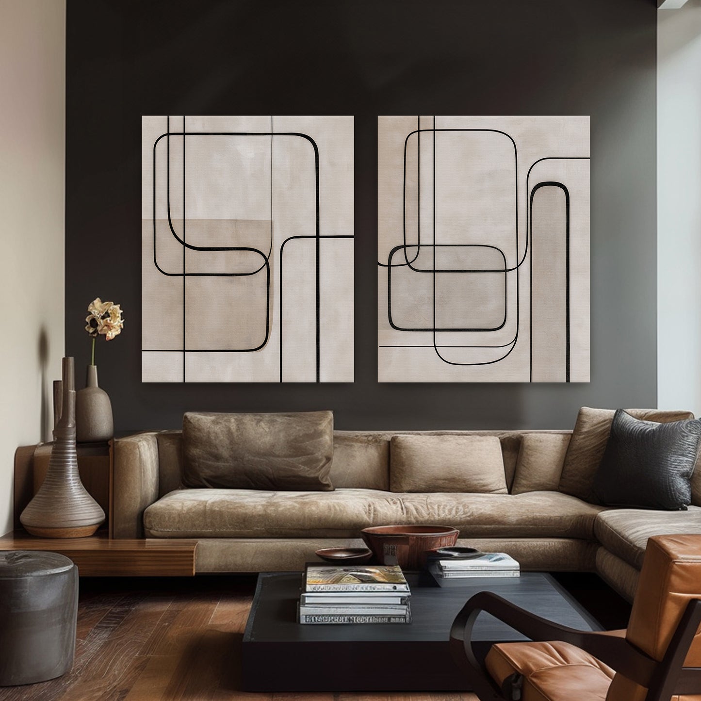 Abstract 2-piece rolled canvas wall art set with bold black continuous line work on a warm linen and greige textured ground — geometric minimalist diptych