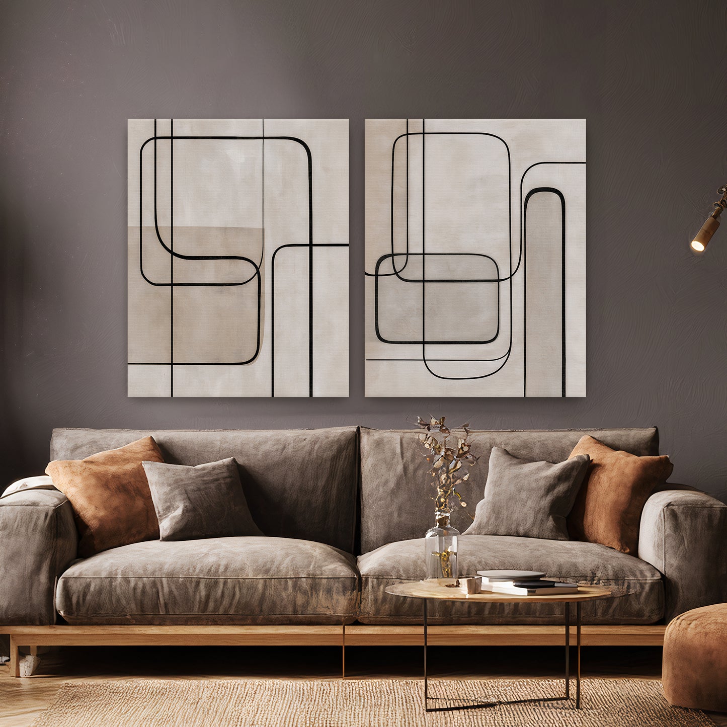 Abstract 2-piece gallery-wrapped stretched canvas wall art set with bold black continuous line work on a warm linen and greige ground — geometric minimalist diptych ready to hang