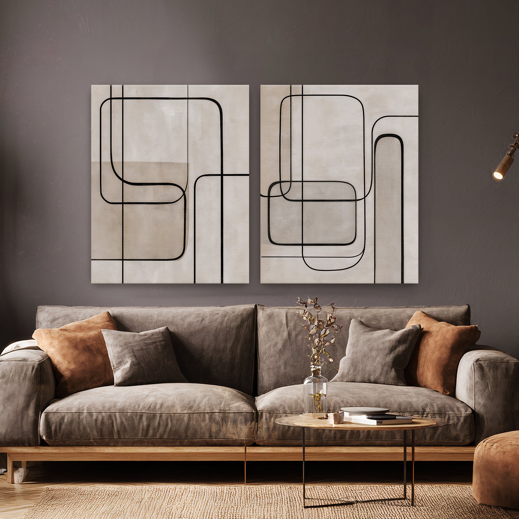 Abstract 2-piece gallery-wrapped stretched canvas wall art set with bold black continuous line work on a warm linen and greige ground — geometric minimalist diptych ready to hang