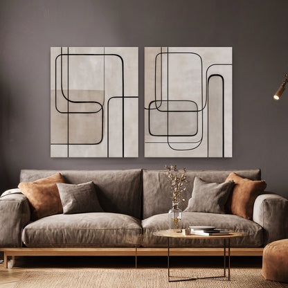 Abstract 2-piece gallery-wrapped stretched canvas wall art set with bold black continuous line work on a warm linen and greige ground — geometric minimalist diptych ready to hang